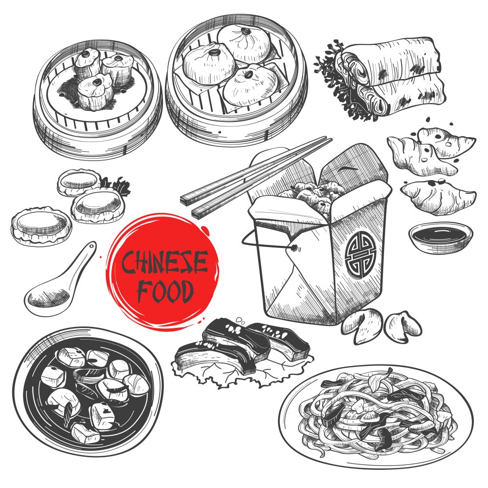 A vector illustration of Chinese Dim Sum Dish in Ink Style