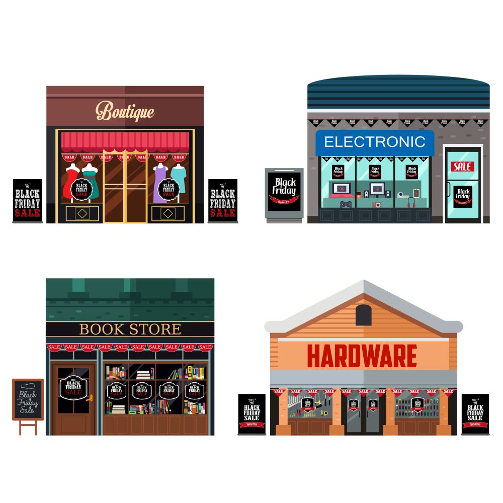 A vector illustration of Different Stores with Black Friday Sale Signs