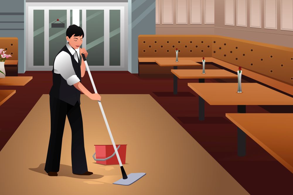 A vector illustration of Restaurant Worker Cleaning Restaurant After Closing
