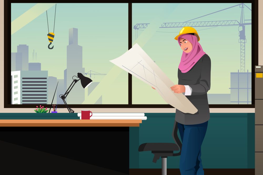 A vector illustration of Muslim Woman Working in a Construction Office