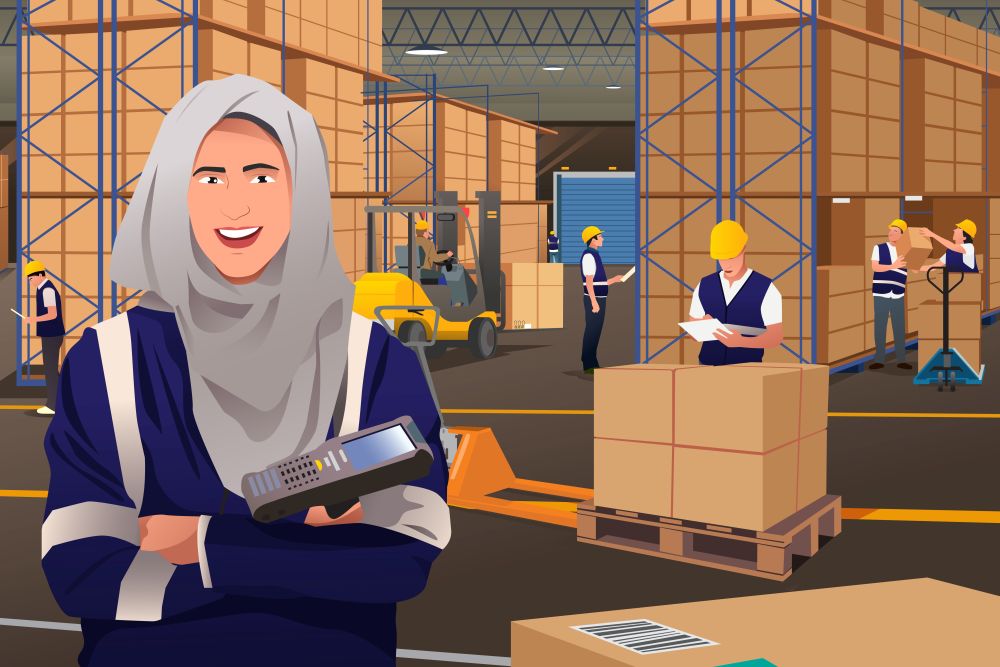 A vector illustration of a Muslim Woman Working in a Warehouse