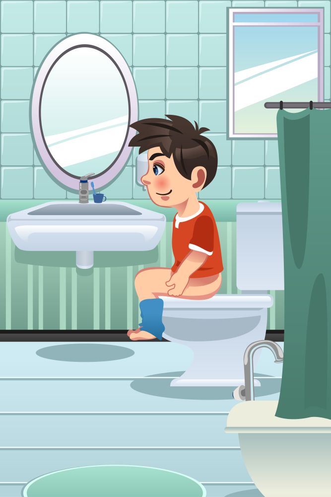 A vector illustration of a Boy Sitting on the Toilet in the Bathroom