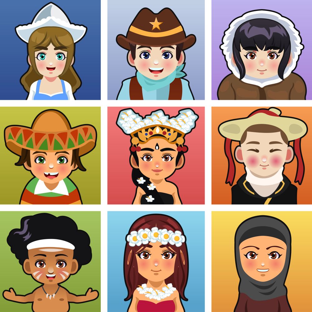A vector illustration of children from different parts of the world wearing traditional clothing