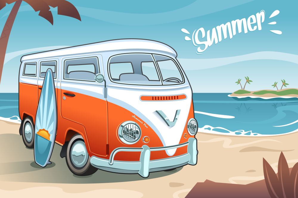 A vector illustration of Summer Van on the Beach