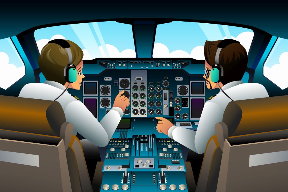 A vector illustration of pilot and copilot inside the cockpit