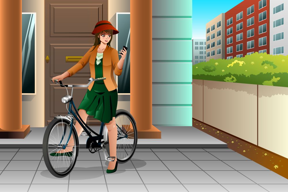 A vector illustration of a woman looking at her phone while riding a bike