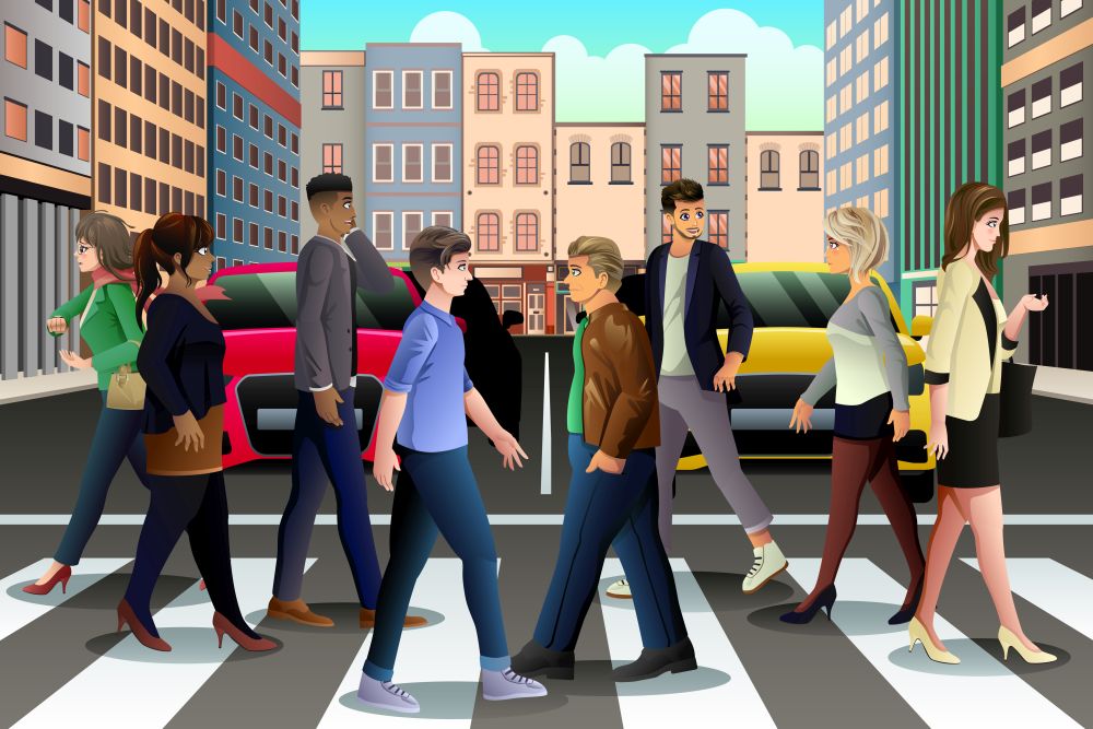 A vector illustration of City People Crossing the Street During Rush Hour