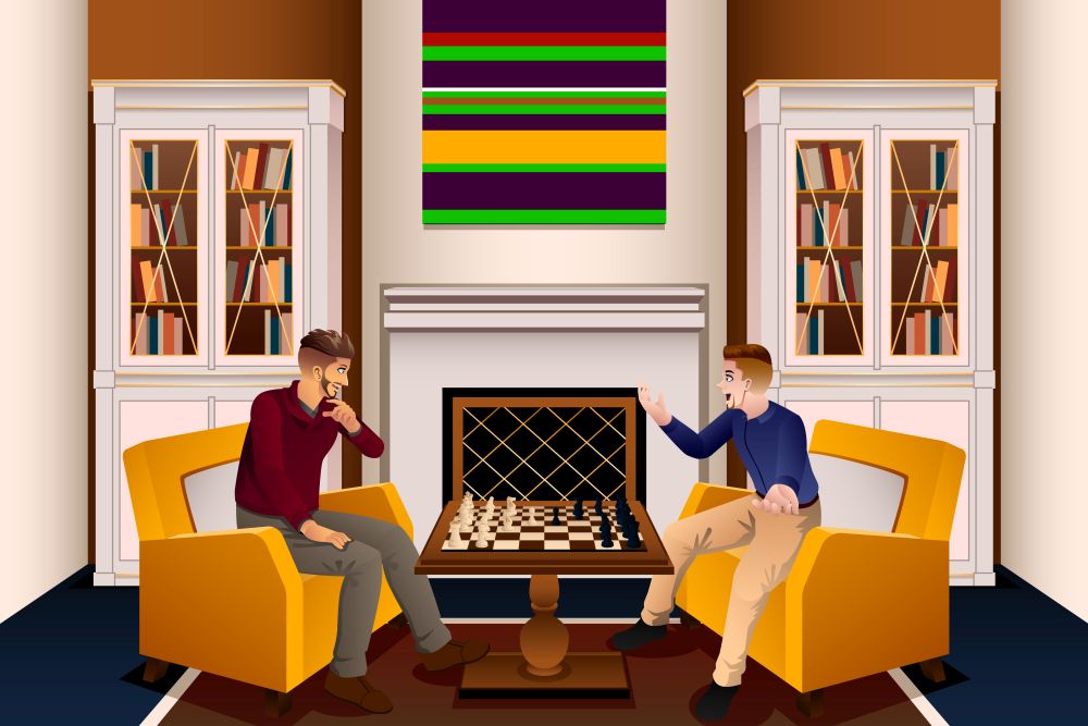 A vector illustration of Two Men Playing Chess in the Living Room