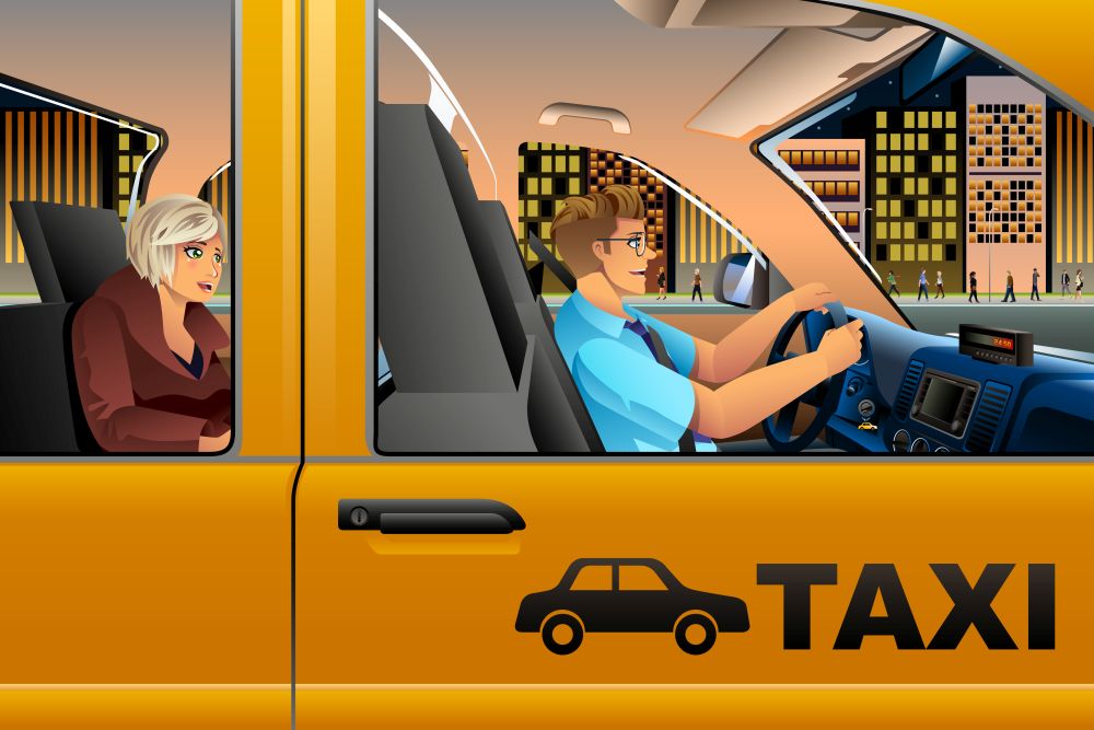A vector illustration of a Taxi Driver Driving a Passenger
