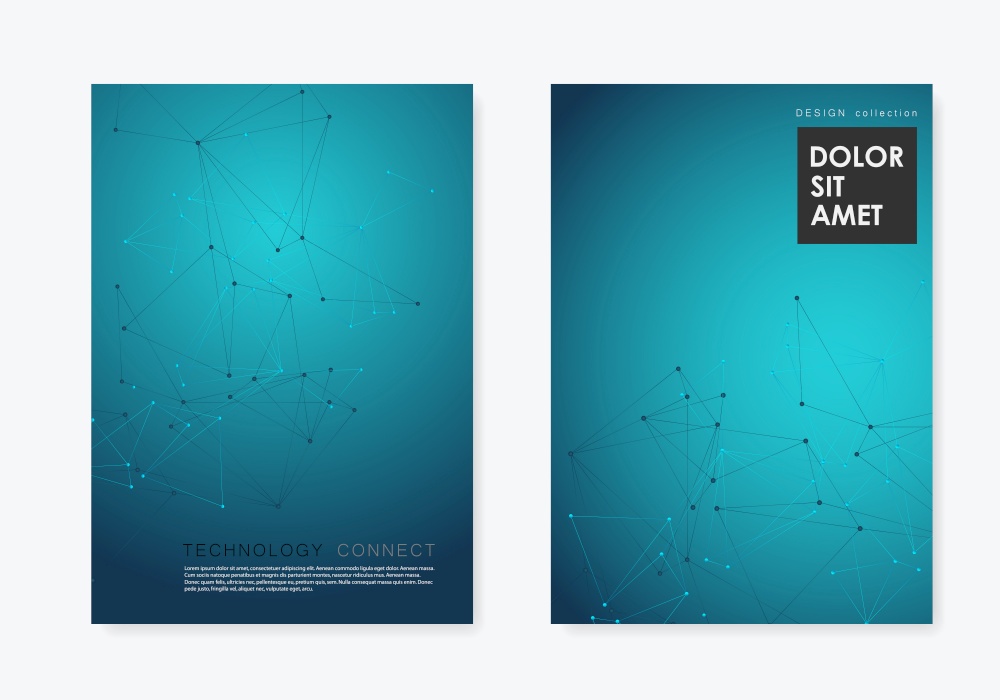 Brochure template layout and cover design annual report, magazine in A4 with polygonal triangles and connected lines and dots.. Brochure template layout and cover design annual report, magazine in A4 with polygonal triangles and connected lines and dots