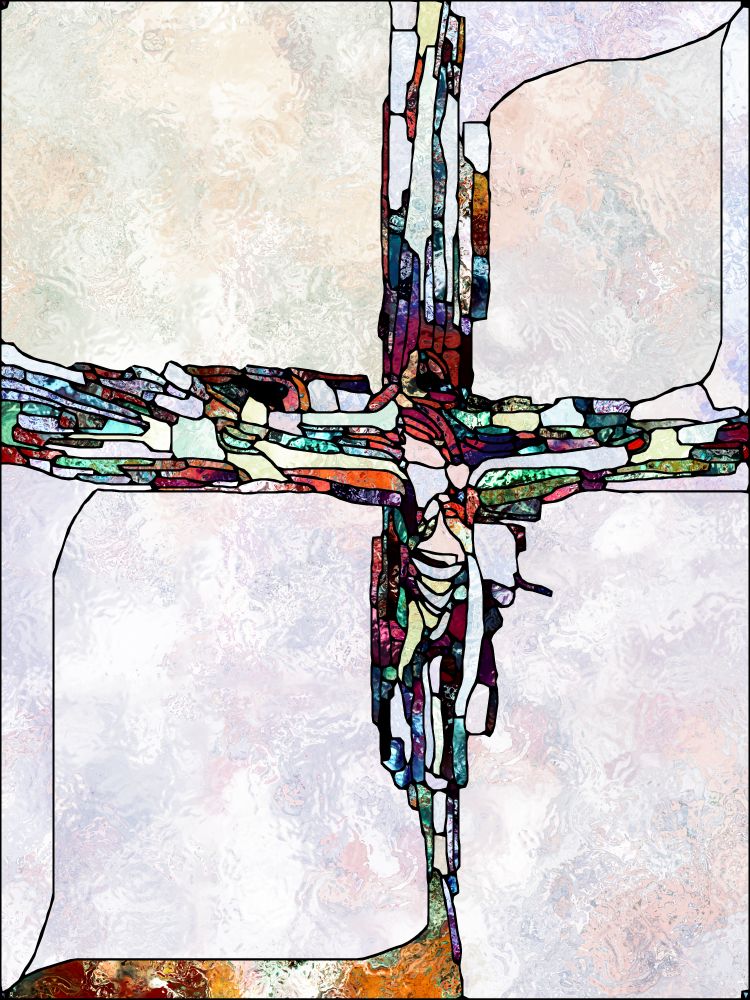 Shards of Faith. Cross of Stained Glass series. Abstract composition of organic church window color pattern suitable in projects related to fragmented unity of Crucifixion of Christ and Nature