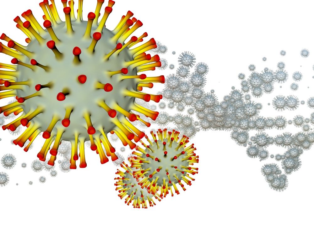 Coronavirus Universe.  Viral Epidemic series. 3D Illustration of Coronavirus particles and micro space elements for works on virus, epidemic, infection, disease and health