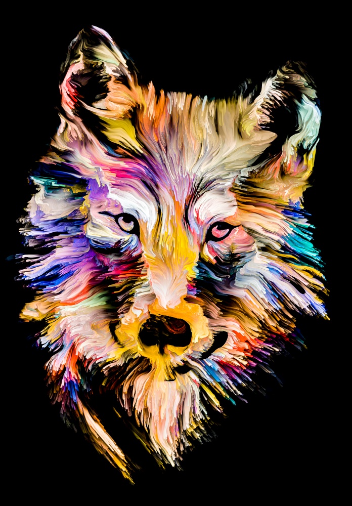 Animal Paint series. Wolf multicolor portrait in vibrant paint on subject of imagination, creativity and abstract art.