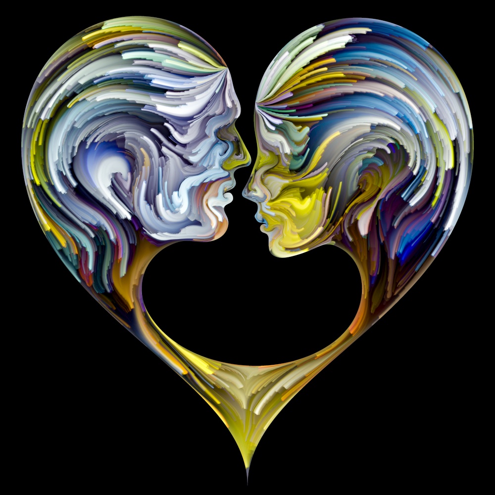 Emotional Palette series. Heart Space. Abstract painting of vibrant colors in fusion of male, female silhouettes on subject of love, relationships and romance.