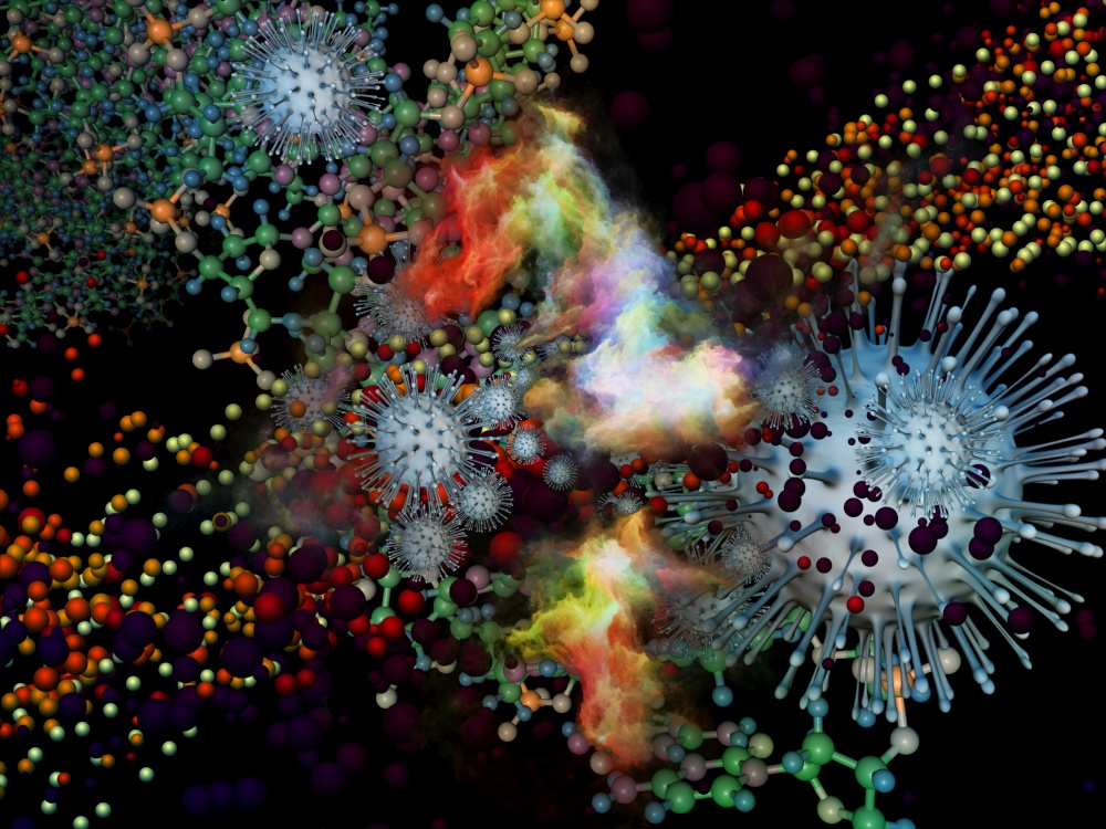 3D Rendering of  Coronavirus virus particle and three-dimensional abstract molecular elements on the subject of interaction of viral bodies and micro environment or immune system