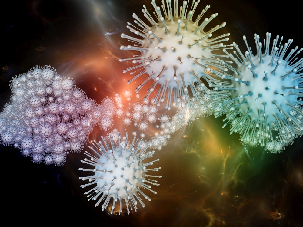 Coronavirus Reality. Viral Epidemic series. 3D Illustration of  Coronavirus particles and micro space elements to complement designs on the subject of virus, epidemic, infection, disease and health