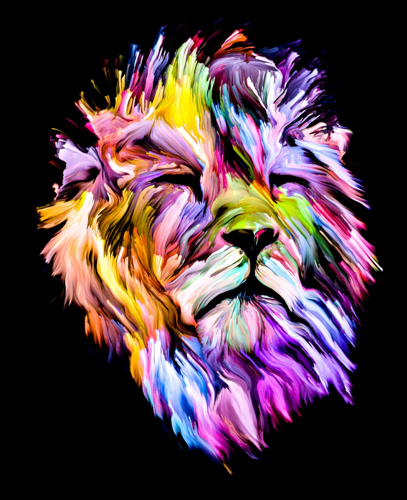 Animal Paint series. Lion&rsquo;s face in colorful paint on subject of imagination, creativity and abstract art.