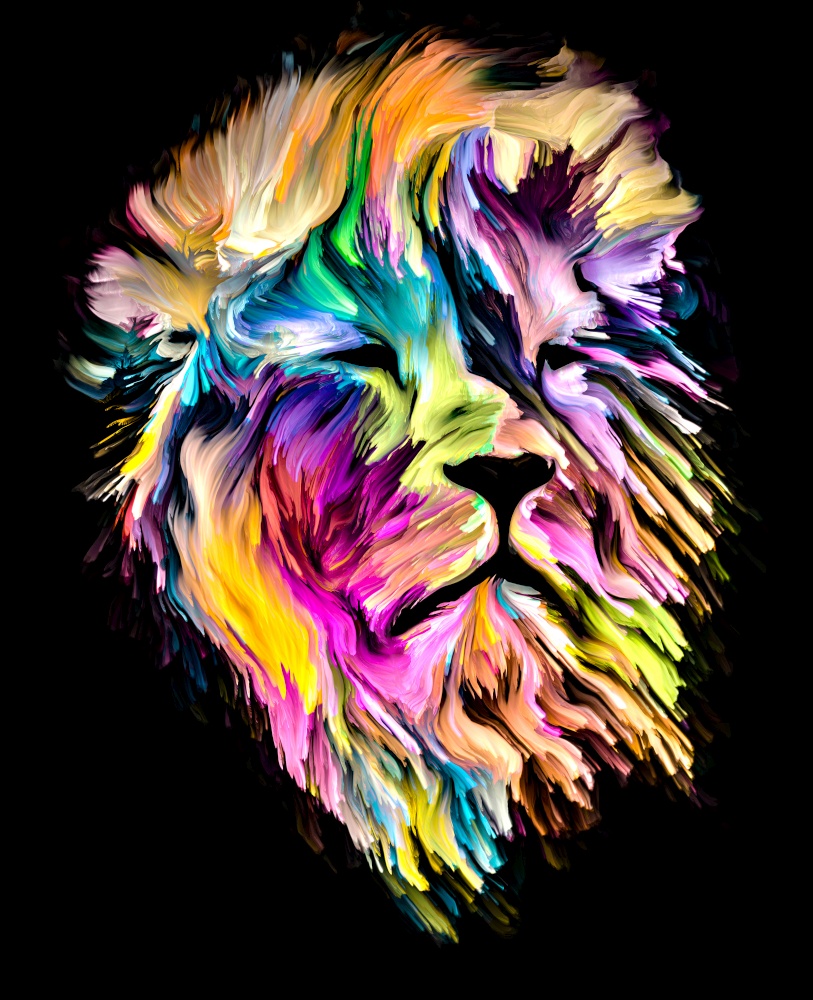 Animal Paint series. Lion&rsquo;s portrait in colorful paint on subject of imagination, creativity and abstract art.