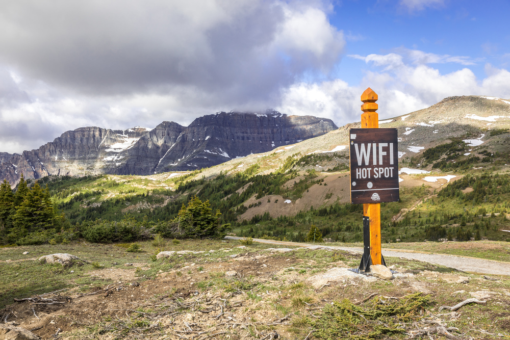 Wifi hot spot sign at the top of Sunshine Village - in the middle of the Canadian Rocky Mountains, Banff, Alberta, Canada