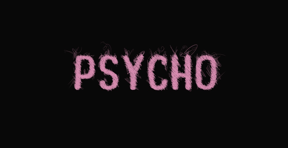 Pink Psycho text over dark background. Scribble art style, typography illustration, messy drawn font type, creative hipster interpretation. Emotional disease concept, different view, schizophrenia.
