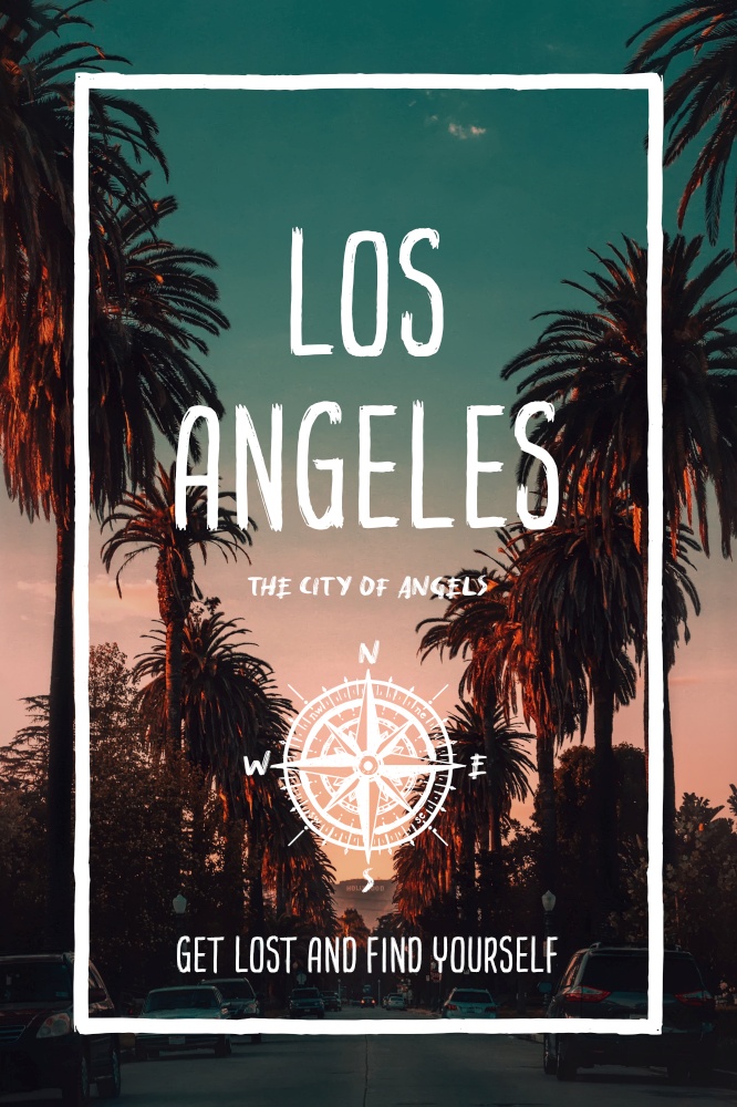 Los Angeles, US, the city of angels. Trendy travel design, inspirational text art, downtown street with palm trees and sunset skyline. Tourist adventure concept, compass symbol and trip typography.