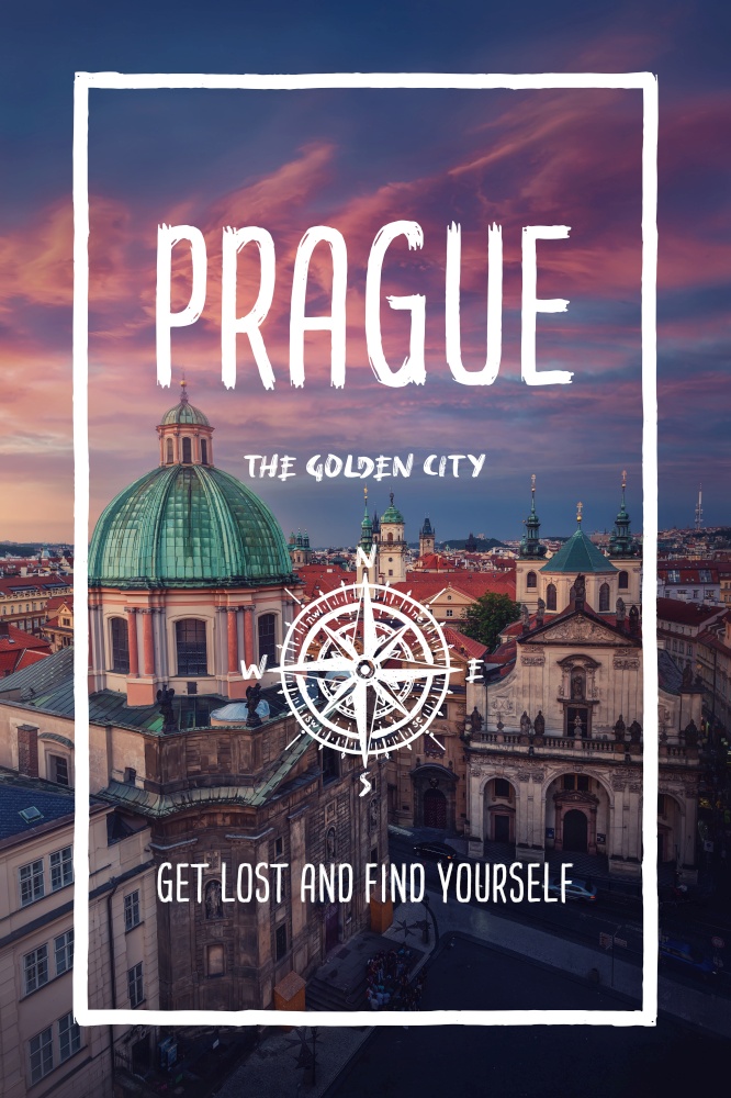 Prague, Czech Republic, the golden city. Trendy travel design, inspirational text art, scenic cityscape with sunset over the old town. Tourist adventure concept, compass symbol and trip typography.