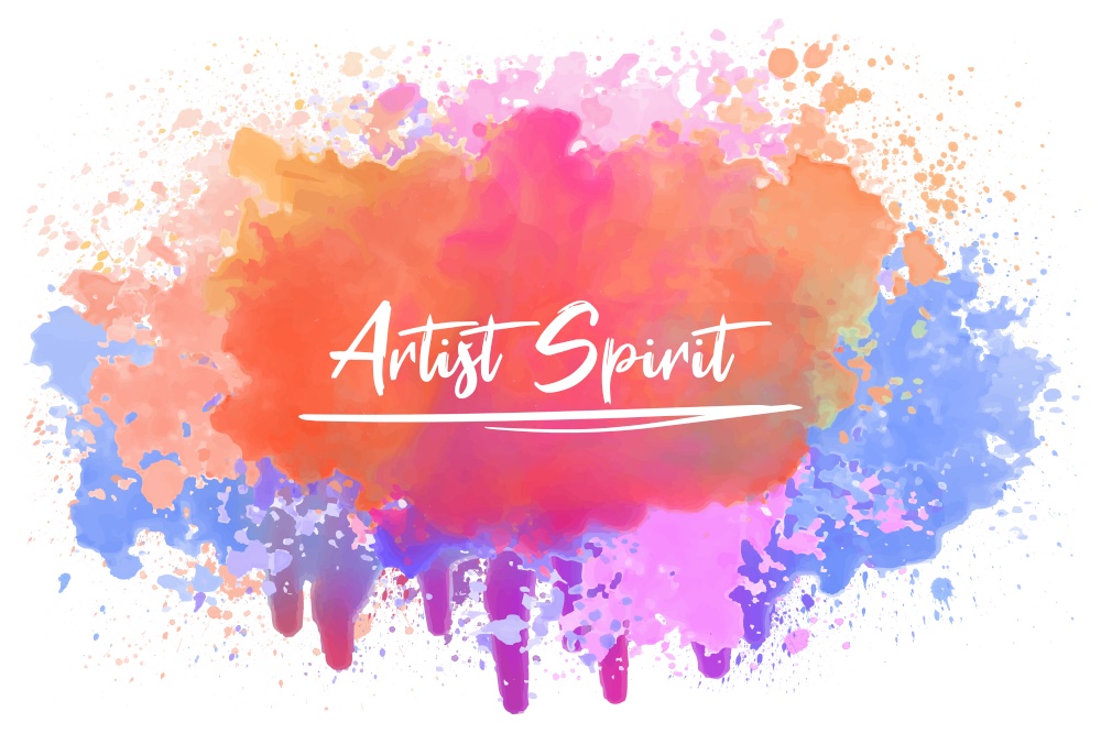Artist spirit, positive inspirational calligraphy over a colorful abstract watercolor splash. Artistic text art illustration, cute magical lettering. Good vibes, trendy hipster design for printing.