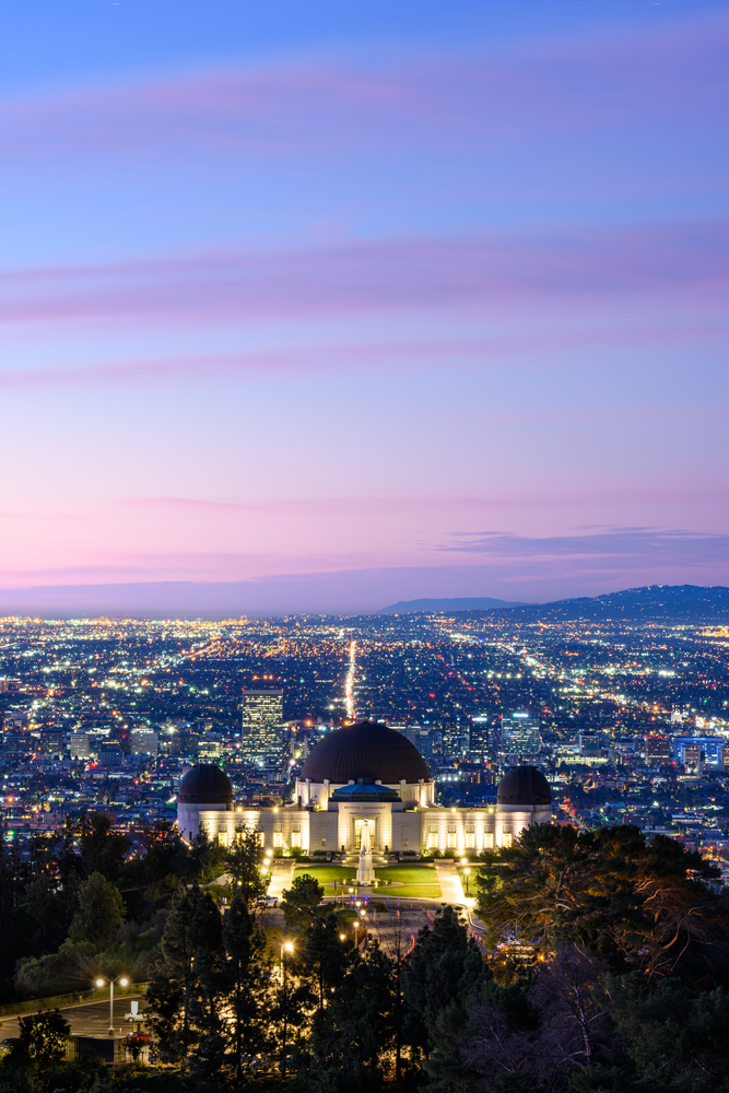 Griffith Observatory and Los Angeles at sunrise;