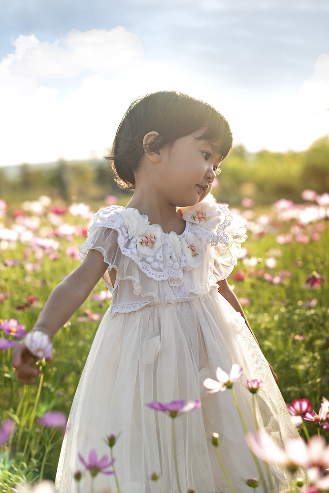 cute asian children girl in nature flowers field