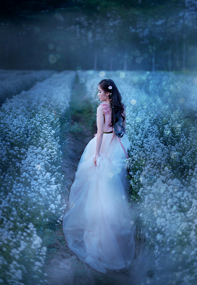 portrait of beautiful asian woman in nature flowers field. woman in nature flowers field