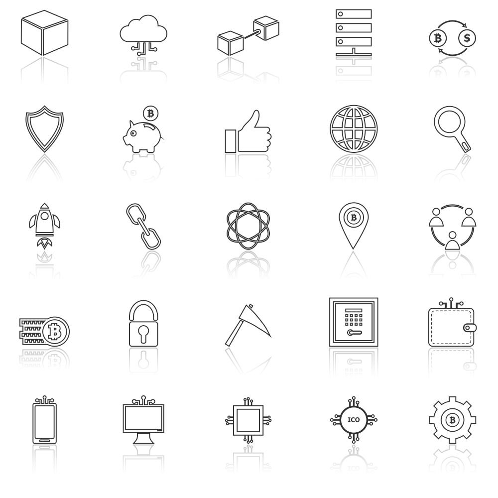 Blockchain line icons with reflect on white background, stock vector