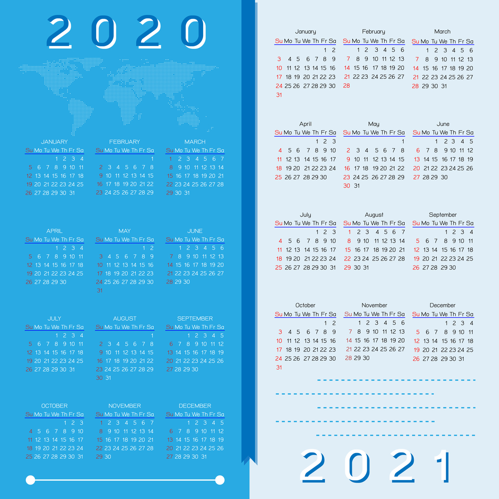 Year planner calendar page of 2020 and 2021, stock vector