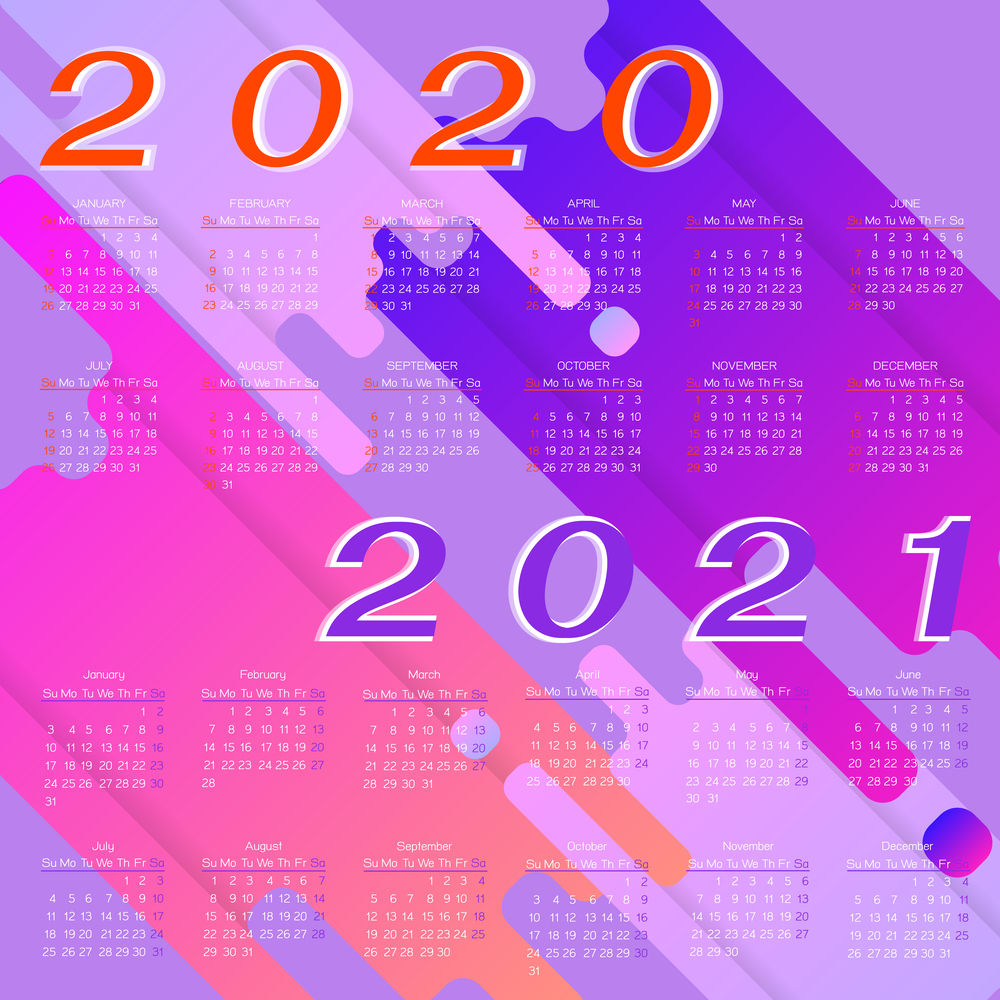 Year planner calendar of 2020 and 2021 on purple background, stock vector