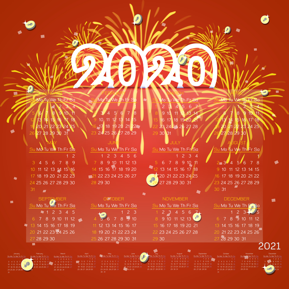 Calendar of 2020 and 2021 with firework on red background, stock vector