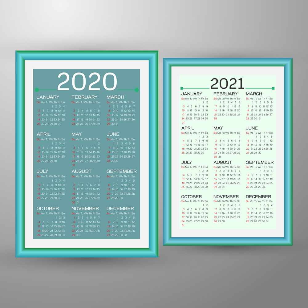 Decorated frame of year calendar 2020 and 2021, stock vector