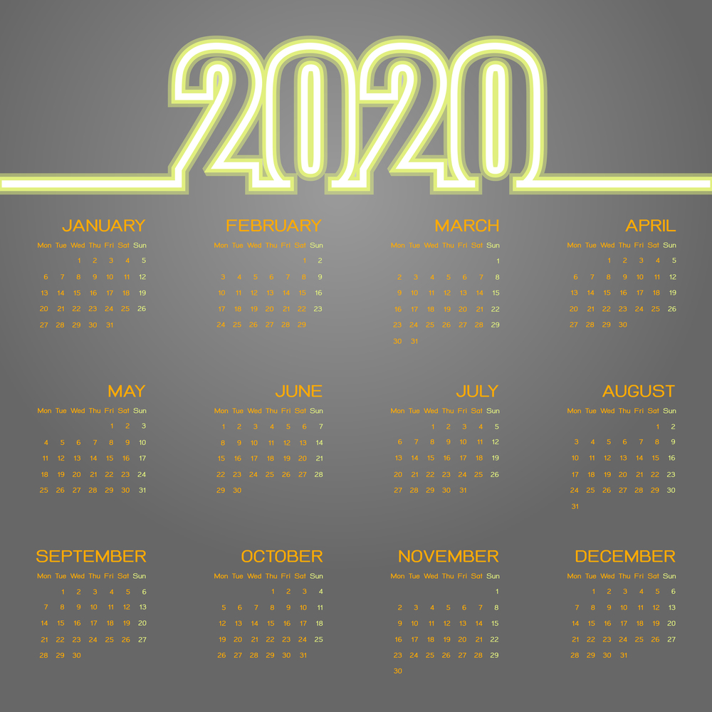 Created 2020 neon text calendar, stock vector