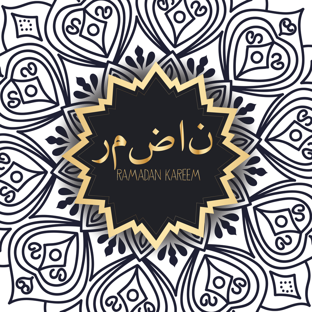Hand drawn ramadan with flowers, mandalas and paisley. Black and white floral pattern. Background card for the holy month of Ramadan. (Translation Ramadan)