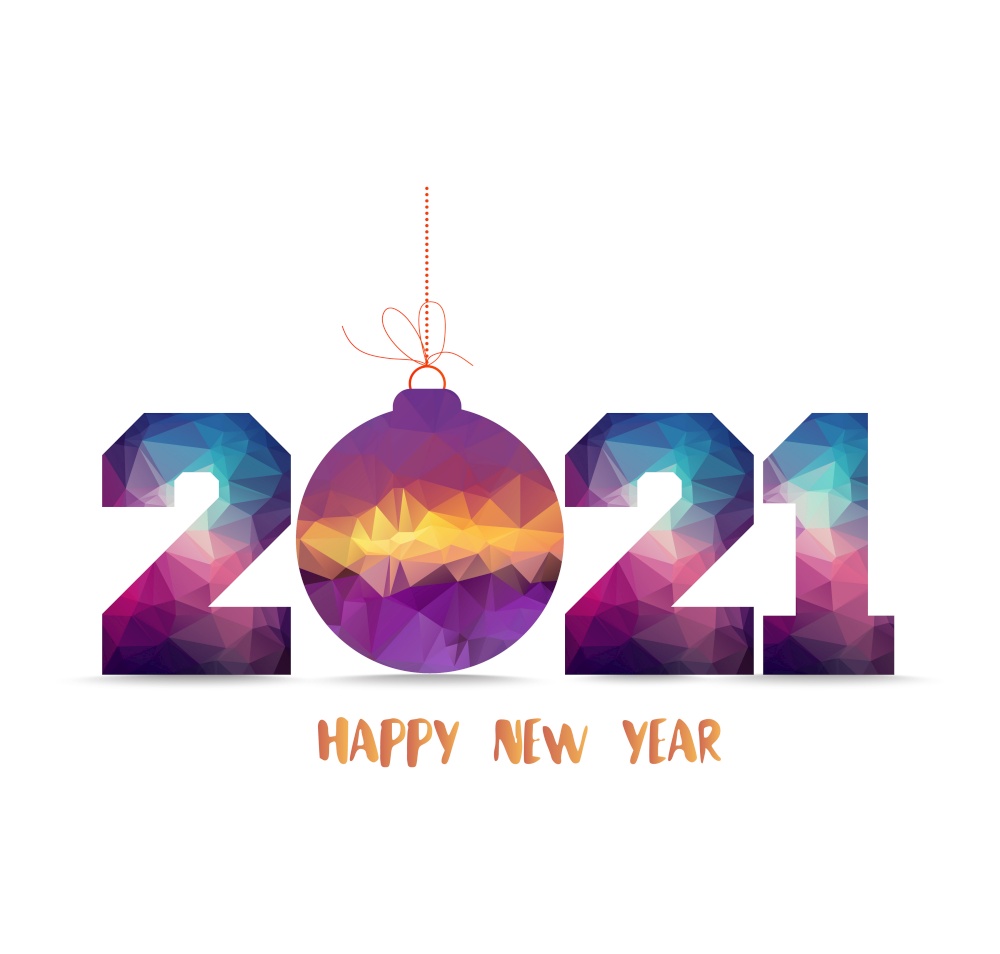 2021 Happy new year colored lettering on a white background with balls and year symbol polygonal