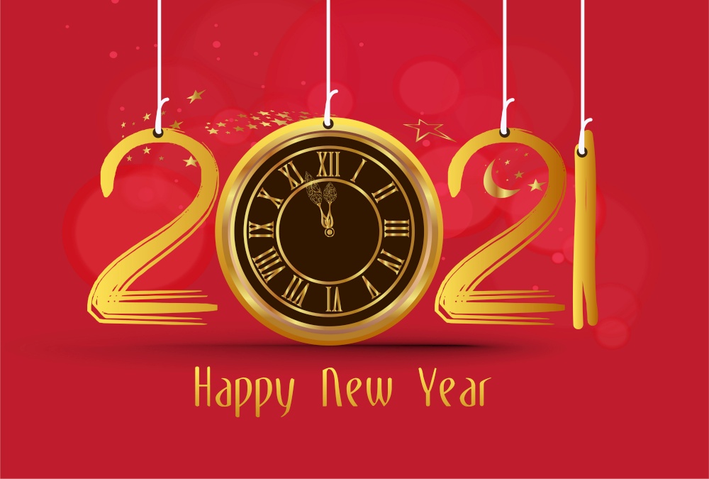 New Year Poster with Greeting Text. Golden Clock instead of zero in 2021. Holiday Decoration Element for Banner or Invitation. Holiday midnight countdown