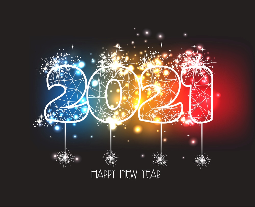 Happy New Years 2021 polygonal line light and fireworks colorful Background