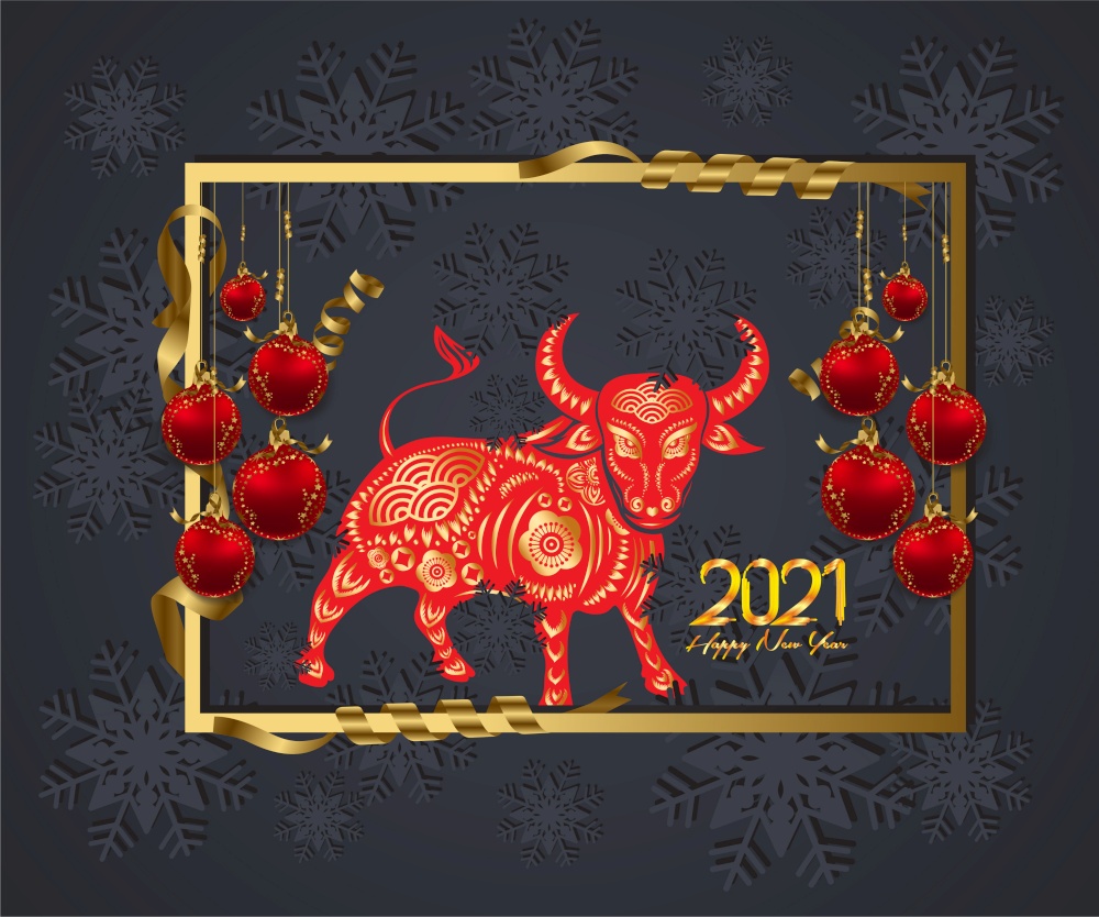 Luxury Elegant Merry Christmas and happy new year 2021 Zodiac of Ox poster. Frame and gold christmas balls