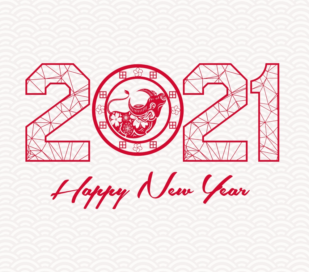 New Years 2021 polygonal line and blooming background. Year of the Ox