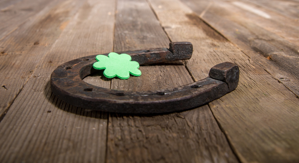A sheet of artificial clover lies on a real steel horseshoe on a wooden surface. horse shoe clover