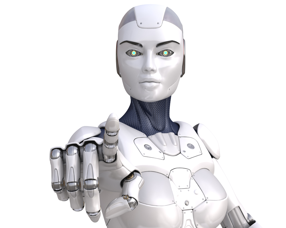 The robot points a finger at the viewer. Clipping path included. 3D illustration. The robot points a finger at the viewer