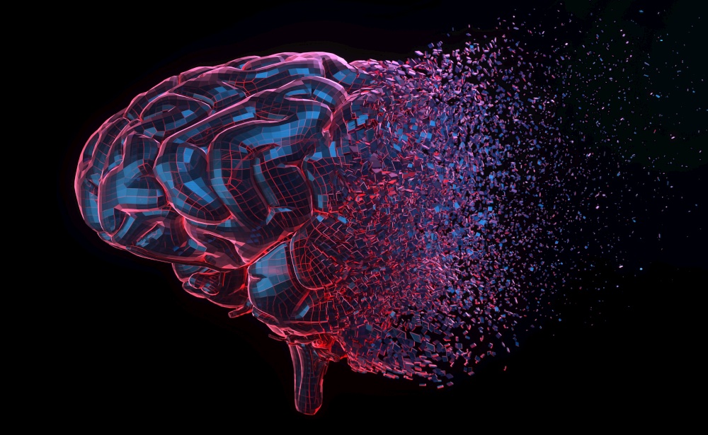 Human brain exploding over black background. 3D illustration. Human brain exploding over black background