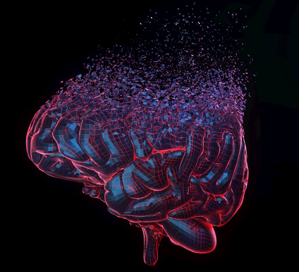 Human brain exploding over black background. 3D illustration. Human brain exploding over black background