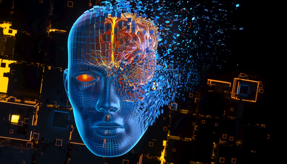 Head consisting of blocks. Artificial intelligence concept. 3D illustration. Artificial intelligence concept