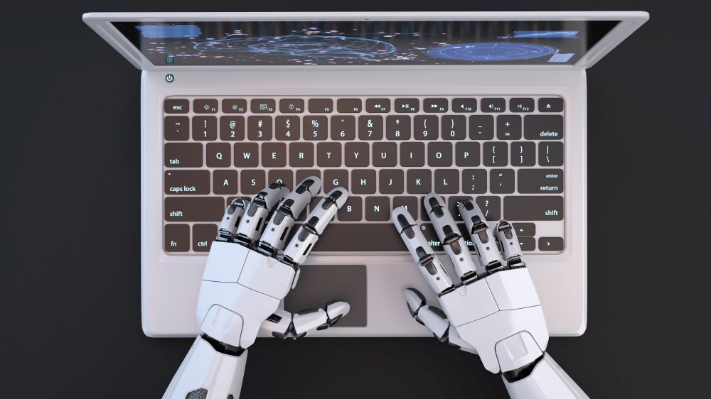 Robot&rsquo;s hands typing on laptops. 3D illustration. Robot&rsquo;s hands typing on laptops