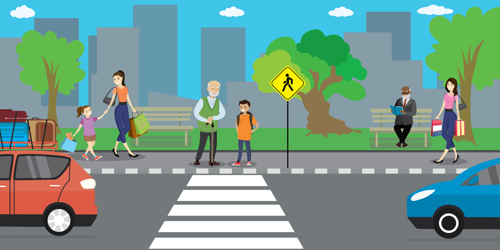 City street and road, people go and stand,urban life concept,outdoor flat vector illustration. City street and road, people go and stand,urban life concept