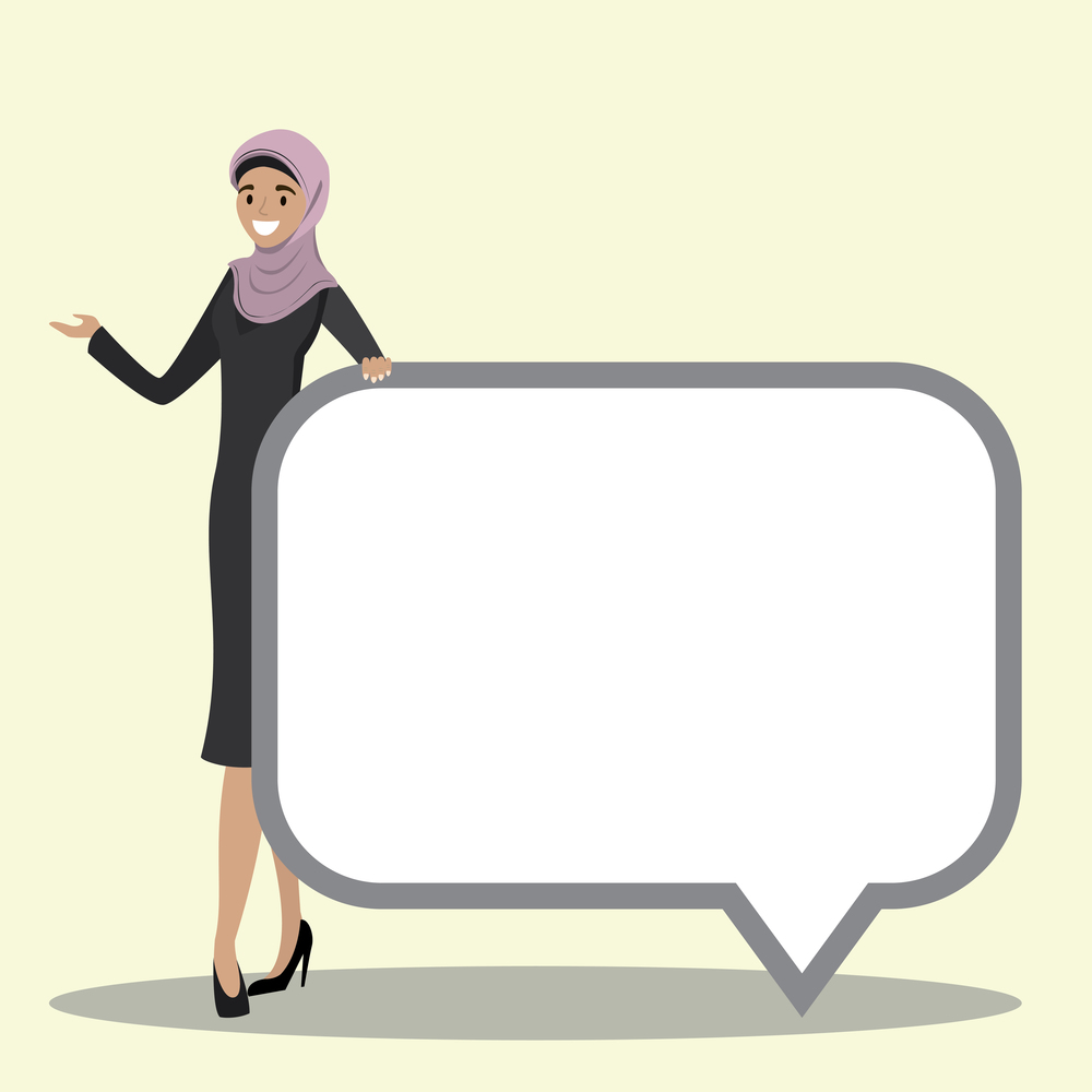 young arab businesswoman holding speech bubble template,cartoon smiling female,flat vector illustration. young arab businesswoman holding speech bubble template,cartoon